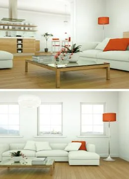 Two views of modern interior loft design with green sofas Stock Illustration