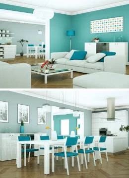Two views of modern interior loft design with green sofas Stock-Illustration