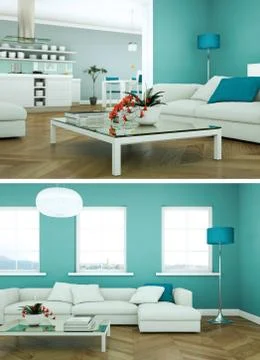 Two views of modern interior loft design with green sofas 스톡 일러스트