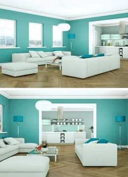 Two views of modern interior loft design with green sofas Illustrazione stock
