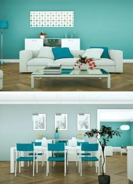 Two views of modern interior loft design with green sofas Stock Illustration