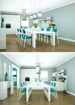 Two views of modern interior loft design with green sofas 스톡 일러스트