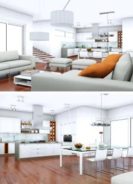 Two views of modern interior loft design with sofas Stockillustratie