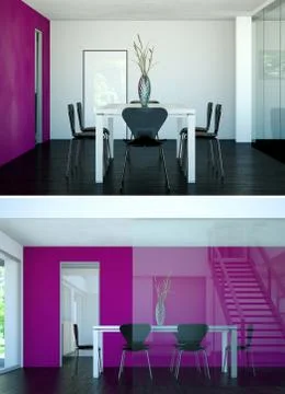 Two views of modern interior loft design wiht table and chairs Stock Illustration