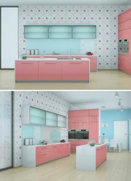 Two views of modern pink kitchen Interior design Stock Illustration