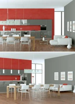 Two views of modern red kitchen Interior design Stock Illustration