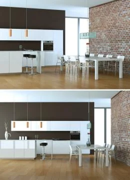 Two views of modern white kitchen Interior design Stock Illustration