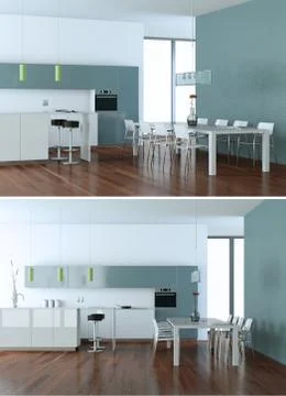 Two views of modern white kitchen Interior design Stock Illustration