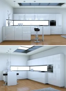 Two views of modern white kitchen Interior design Stock Illustration