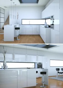 Two views of modern white kitchen Interior design Illustrazione stock