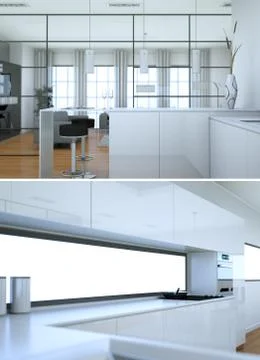 Two views of modern white kitchen Interior design Stock Illustration