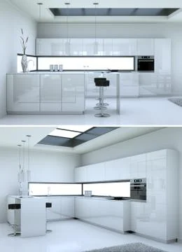 Two views of modern white kitchen Interior design Stock Illustration