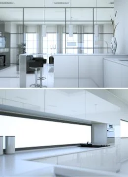 Two views of modern white kitchen Interior design Stock Illustration