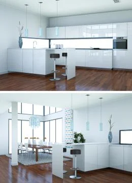 Two views of modern white kitchen Interior design Stock Illustration