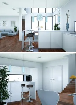 Two views of modern white kitchen Interior design Stock Illustration