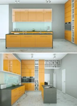 Two views of modern yellow kitchen Interior design Stock Illustration