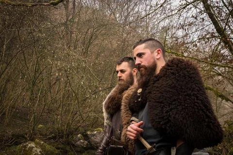 Two Viking warriors in the forest Stock Photos
