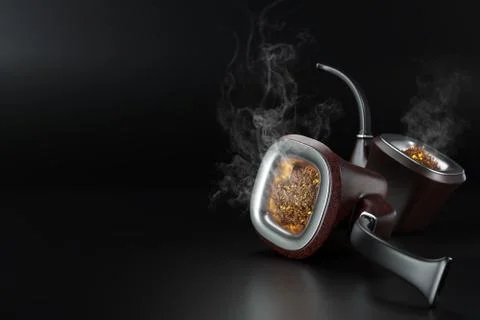 Two vintage pipe smoke placed on black background in dark. Stock Illustration