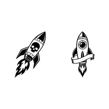 Two vintage style rocket ship illustrations with skull and banner Stock Illustration