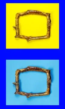 Two vintage wooden frames in rustic style on bright blue wall. Stock Photos
