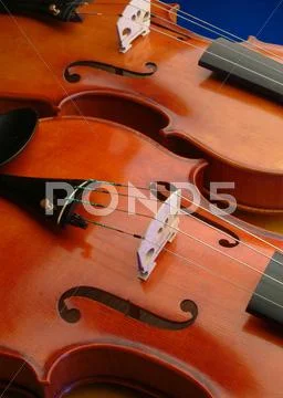 Two Violins With Strings, F-Holes, Bridge And Tailpiece