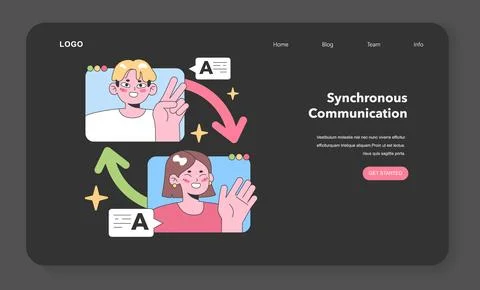 Two virtual team members demonstrate real-time digital interaction. Flat vector Stock Illustration