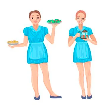 Two waitresses serving staff in a cafe. Vector characters design Stock Illustration
