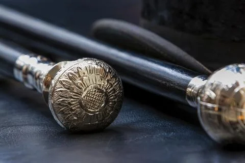 Two walking sticks with silver knobs Foto stock