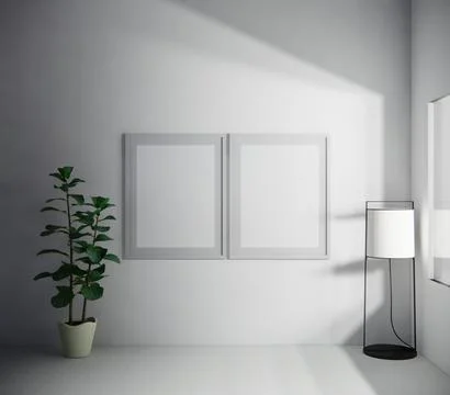 Two wall frame mockup next to the window, a small tree and an indoor lamp Stock Illustration