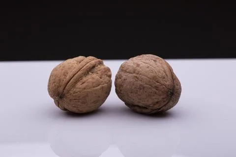 Two walnuts rest on a white surface Stock Photos