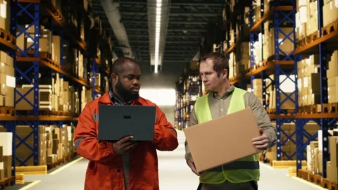 Two warehouse colleagues organizing pallets and packages with laptop Stock Footage 332907455