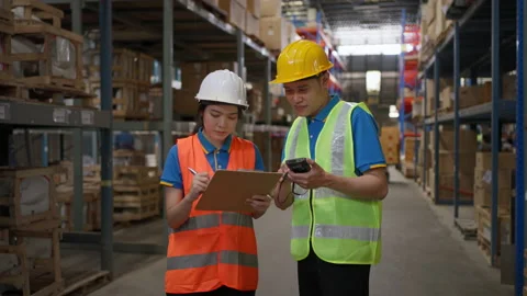 Two warehouse staff checking stock inventory Stock Footage 206356121