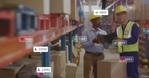 Two warehouse staff consulting tablet while data badges clustering over boxes Stock Footage 332296259