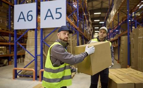 Two warehouse workers carrying heavy box beside racks and numbered shelves Stock Photos