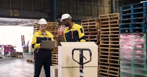 Two warehouse workers collaborate during parcel check while analyzing data on Stock Footage 307009807