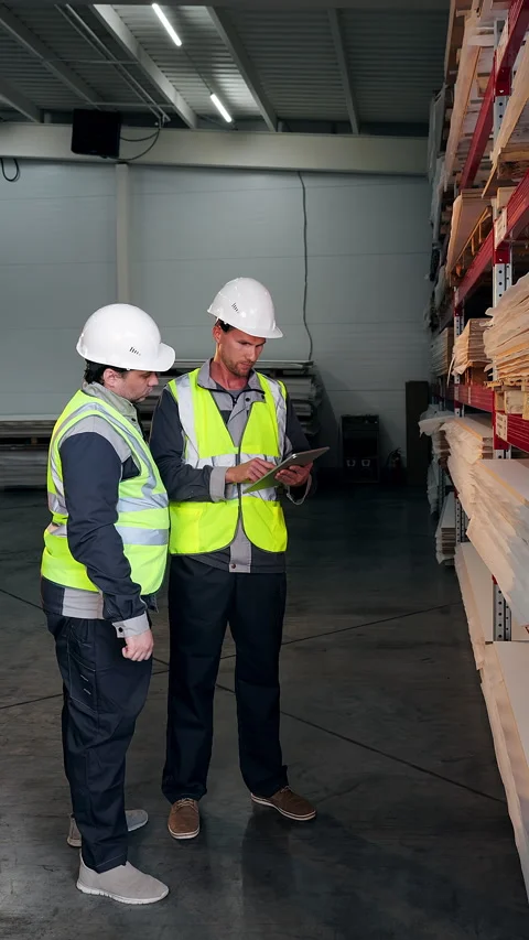 Two Warehouse Workers Using Tablet for Inventory Management. Stockbeeldmateriaal 345015313