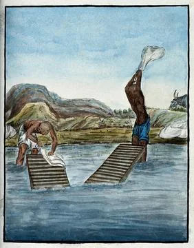 Two washer-men cleaning clothes by beating them against washing racks in a .. Stock Illustration