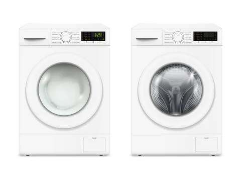 Two washing machines. Realistic empty and working washing machines isolated o Stock Illustration