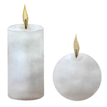 Two watercolour Candles with Flame Fire Light Isolated on white Background Stock Illustration