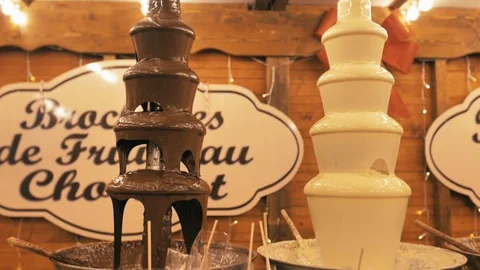 Two waterfall pyramids of dark chocolate and milk chocolate Stock Footage 124478563