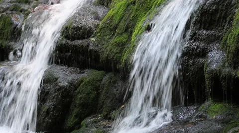 Two Waterfalls Side by Side Close up - Moss Covered, Nature Stock Footage 55303462