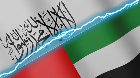 Two waving flags Afghanistan and United Arab Emirates with diagonal lightning 4k Stock Footage 333977022