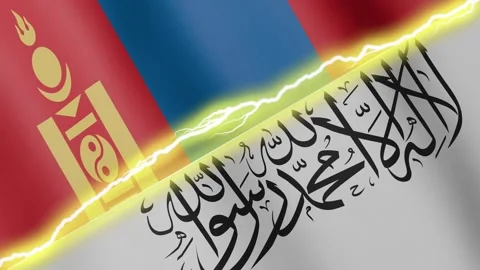 Two waving flags Afghanistan and Mongolia with diagonal lightning, 4k loop Video stock 338195971