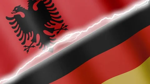Two waving flags Albania and Germany with diagonal lightning 4k loop Stock Footage 329577863