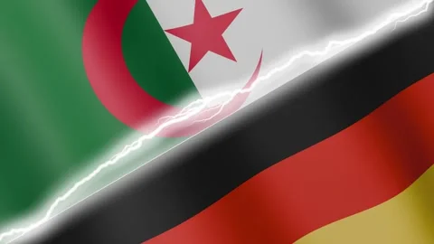 Two waving flags Algeria and Germany with diagonal lightning 4k loop Stock Footage 329577871