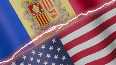 Two waving flags Andorra and United States with diagonal lightning 4k loop Stock Footage 327665181