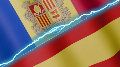 Two waving flags Andorra and Spain with diagonal lightning 4k loop Stock Footage 332668843