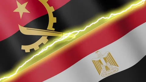 Two waving flags Angola and Egypt with diagonal lightning, 4k loop Stock Footage 339995186