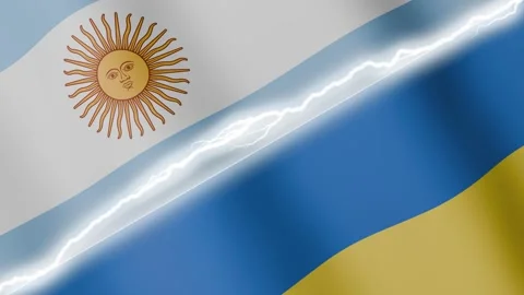 Two waving flags Argentina and Ukraine with diagonal lightning 4k loop Stock Footage 328655240