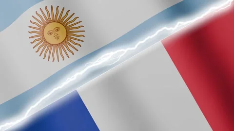 Two waving flags Argentina and France with diagonal lightning 4k loop Stock Footage 329223814
